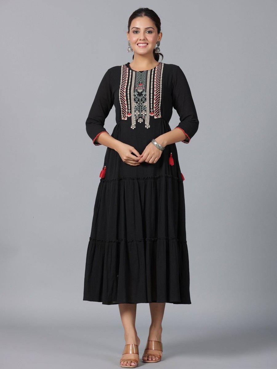 Women Juniper | Women'S Cotton Crepe Embroidered Tiered Maxi Dress - Juniper Black