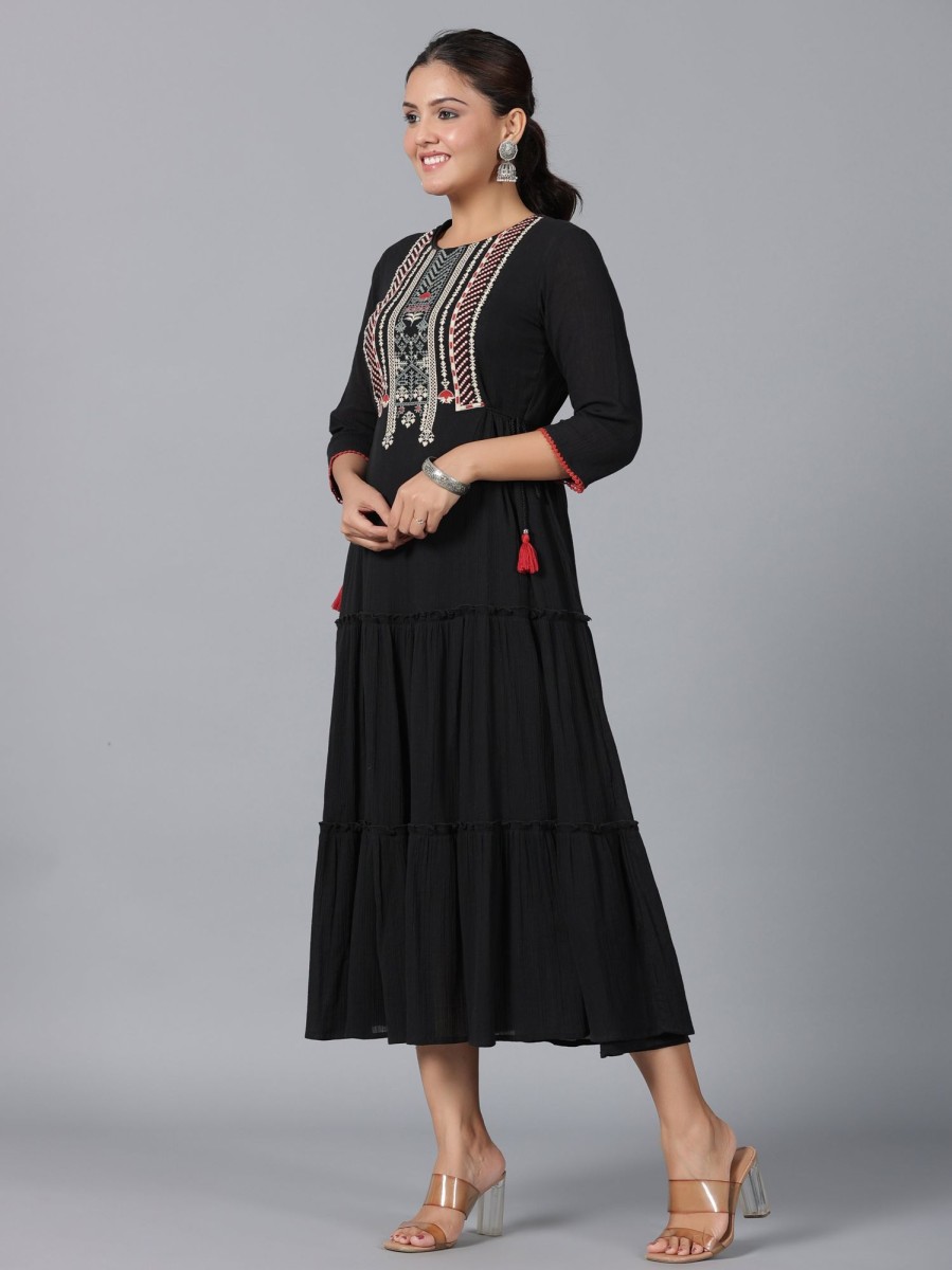 Women Juniper | Women'S Cotton Crepe Embroidered Tiered Maxi Dress - Juniper Black