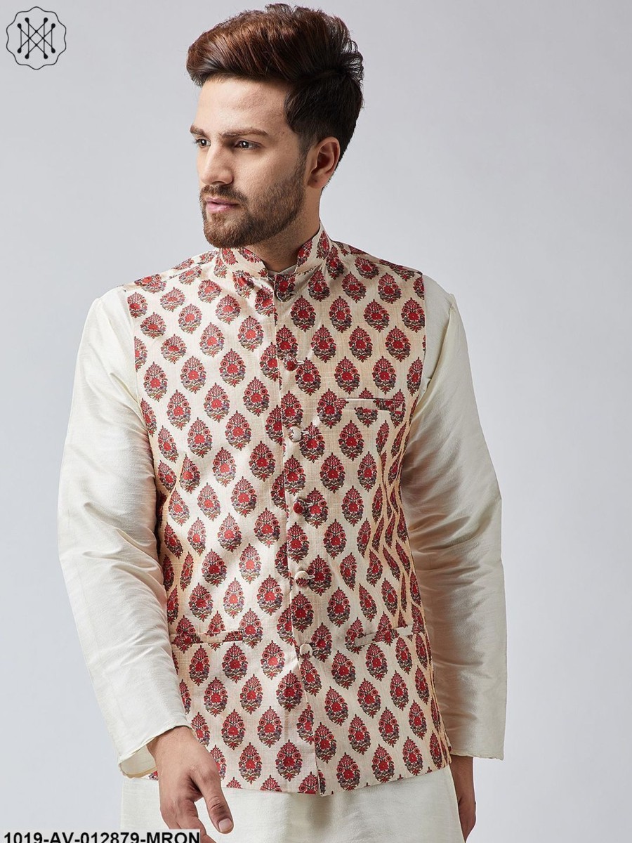 Men Sojanya | Men'S Maroon Printed Nehru Jacket - Sojanya