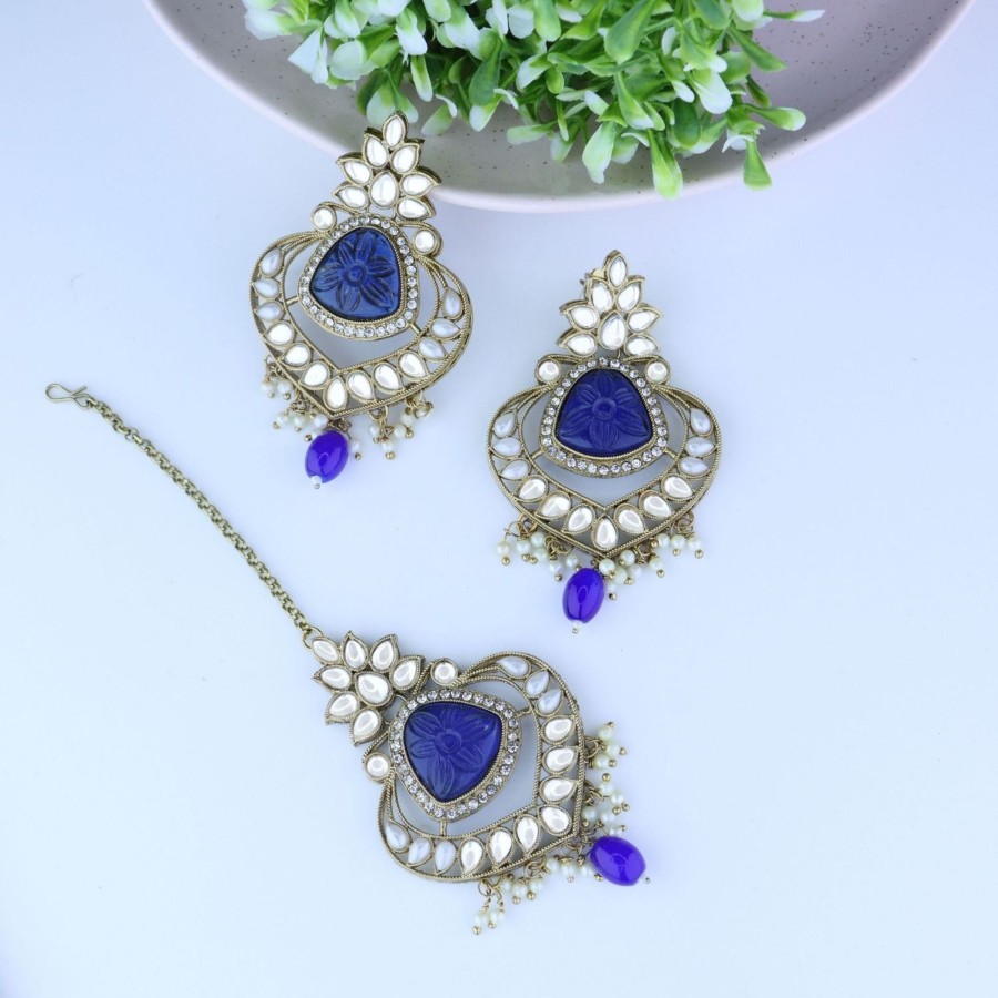 Jewellery I Jewels | Women'S Traditional Pearl Hanging Kundan Stone Studed Chandbali Earring With Maang Tikka - I Jewels Blue