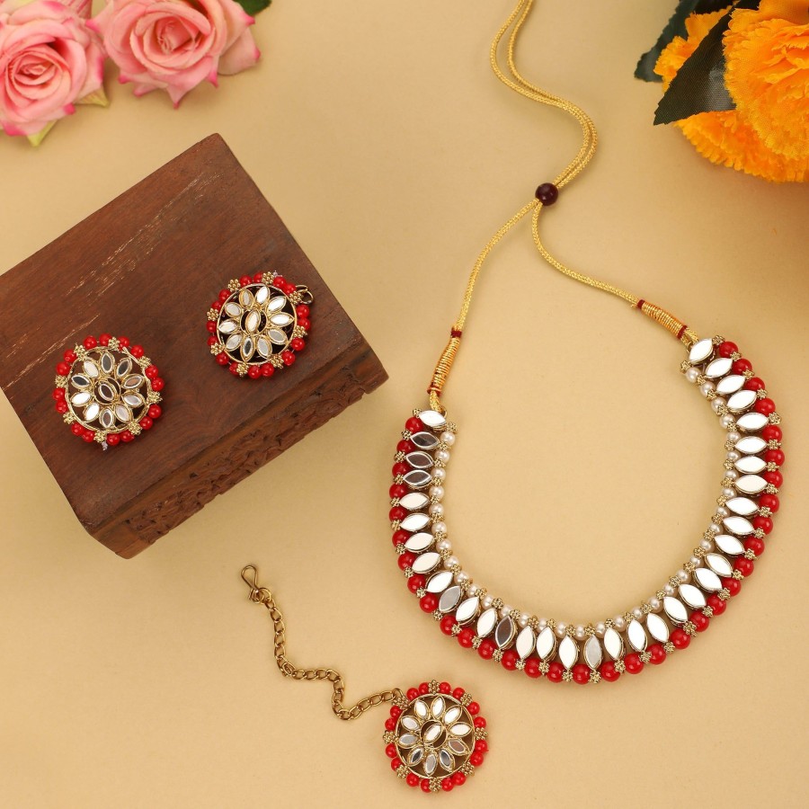 Jewellery Zaffre Collections | Women'S Stylish Mirror And Pearl Choker Set With Maang Tikka - Zaffre Collections Red