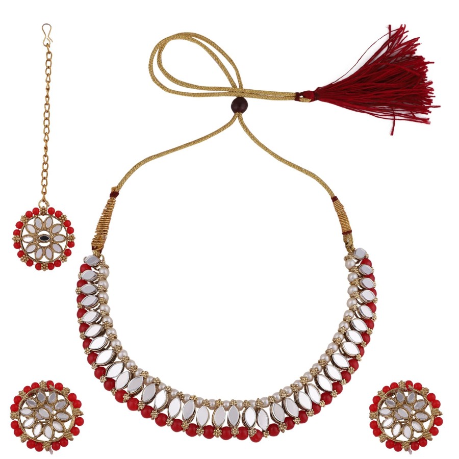 Jewellery Zaffre Collections | Women'S Stylish Mirror And Pearl Choker Set With Maang Tikka - Zaffre Collections Red