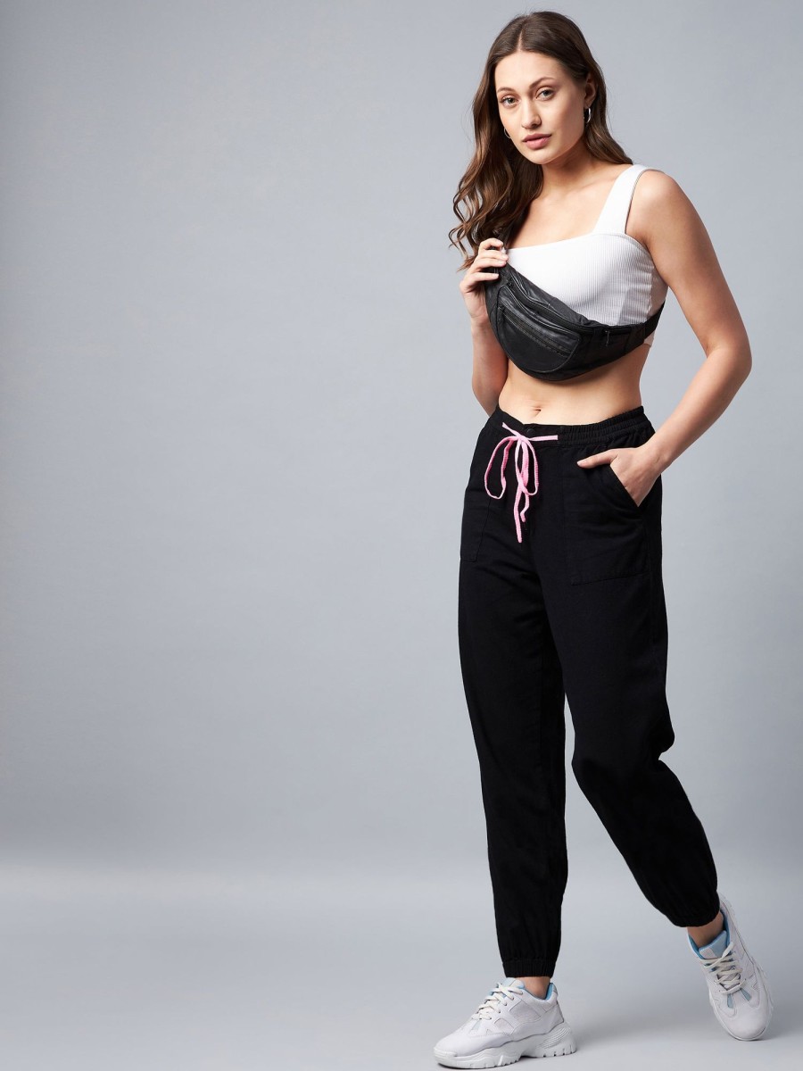 Women StyleStone | Women'S Cotton Twill Jogger With Pink Draw String - Stylestone Black