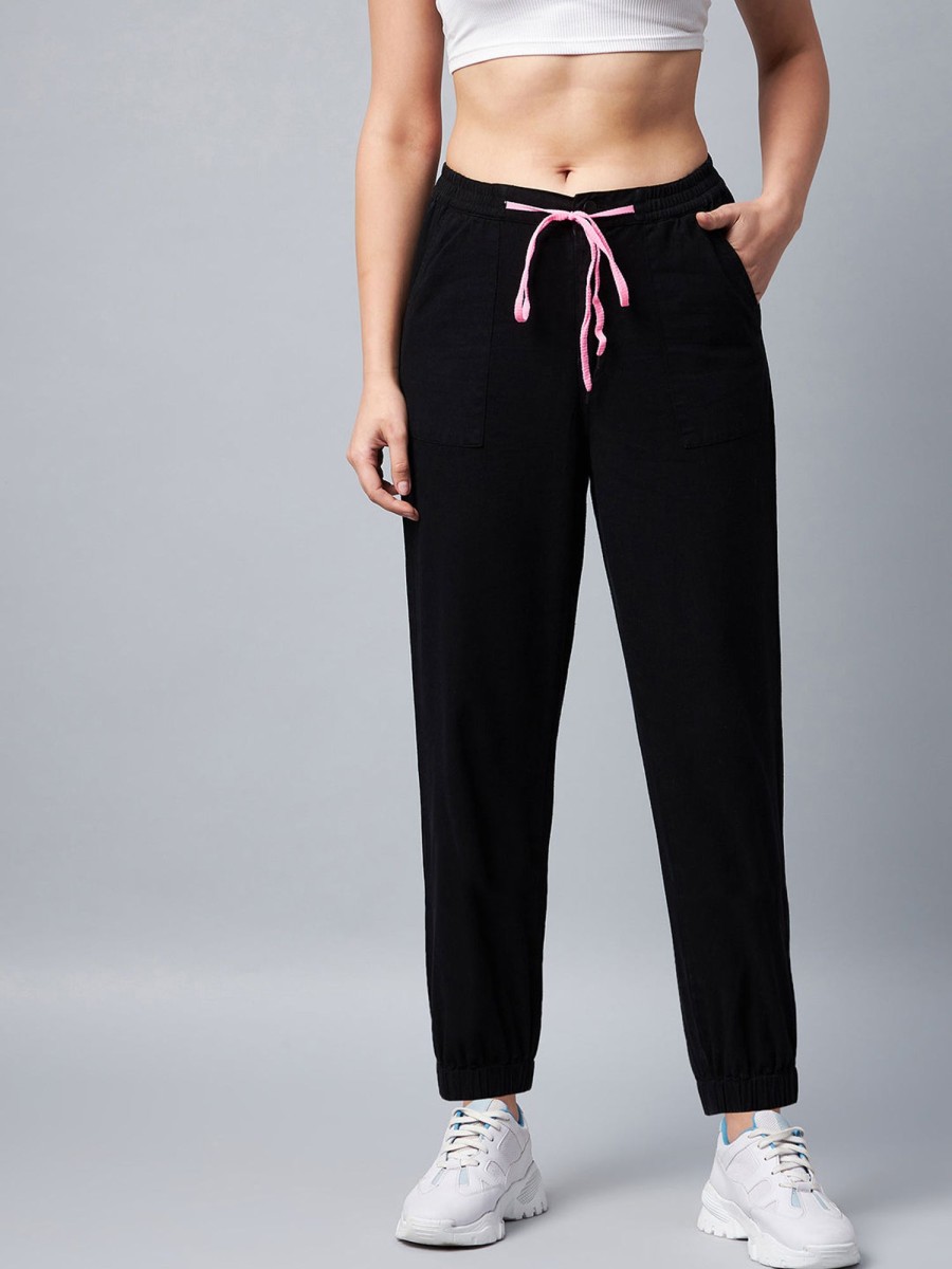 Women StyleStone | Women'S Cotton Twill Jogger With Pink Draw String - Stylestone Black