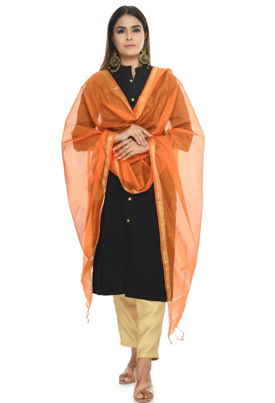 Women Moeza | Women'S Banarsi Chanderi Piping Dupatta Mfd0031 - Moeza Orange