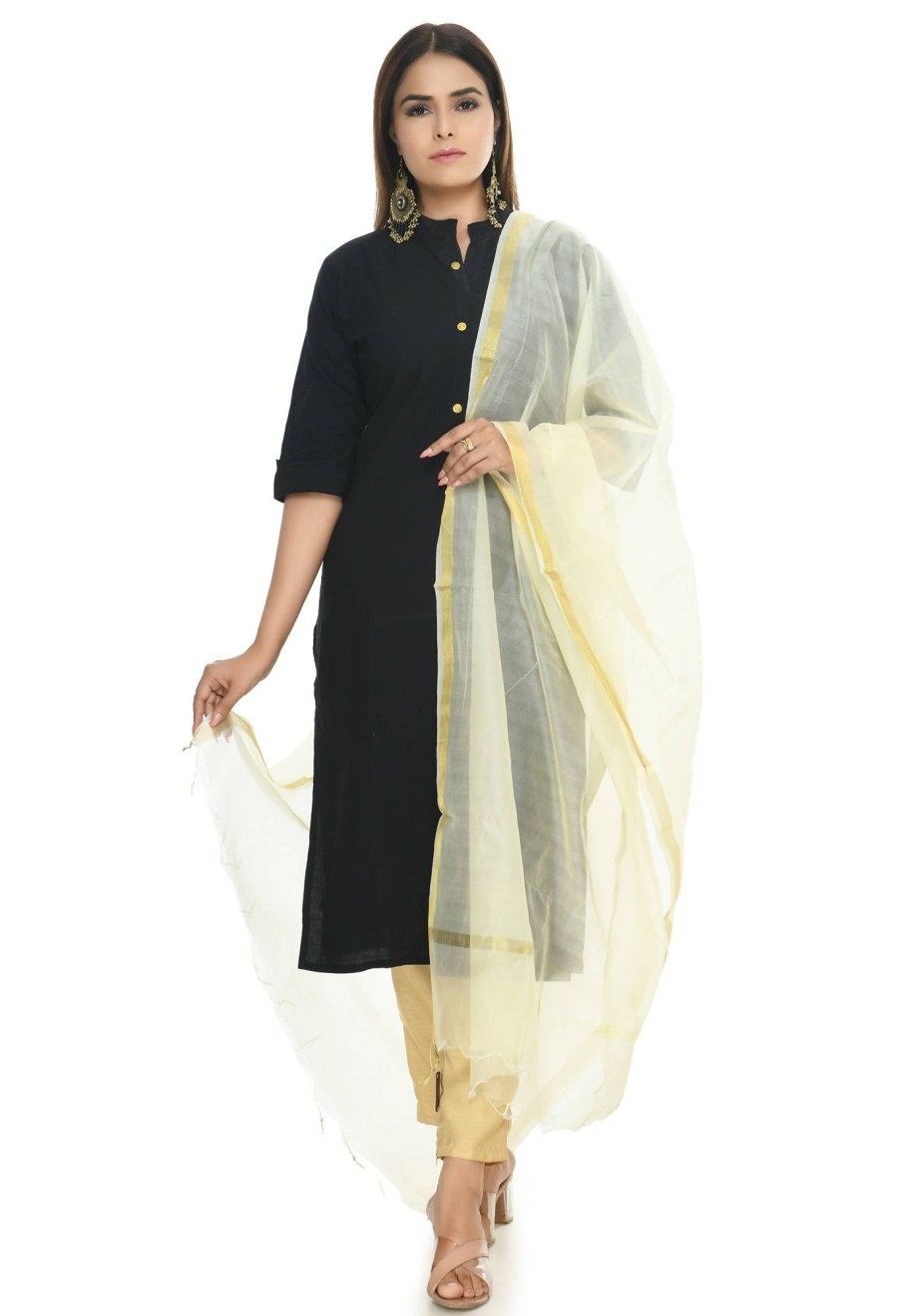 Women Moeza | Women'S Banarsi Chanderi Piping Dupatta Mfd0028 - Moeza Off White