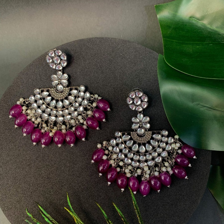 Jewellery I Jewels | Women'S Navratri Ethnic Stylish Silver Oxidised Kundan Pearl Chandbali Earrings - I Jewels Wine