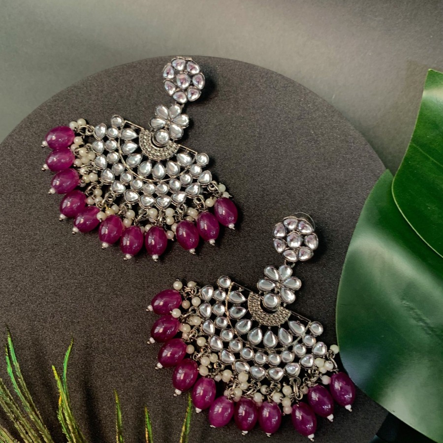 Jewellery I Jewels | Women'S Navratri Ethnic Stylish Silver Oxidised Kundan Pearl Chandbali Earrings - I Jewels Wine