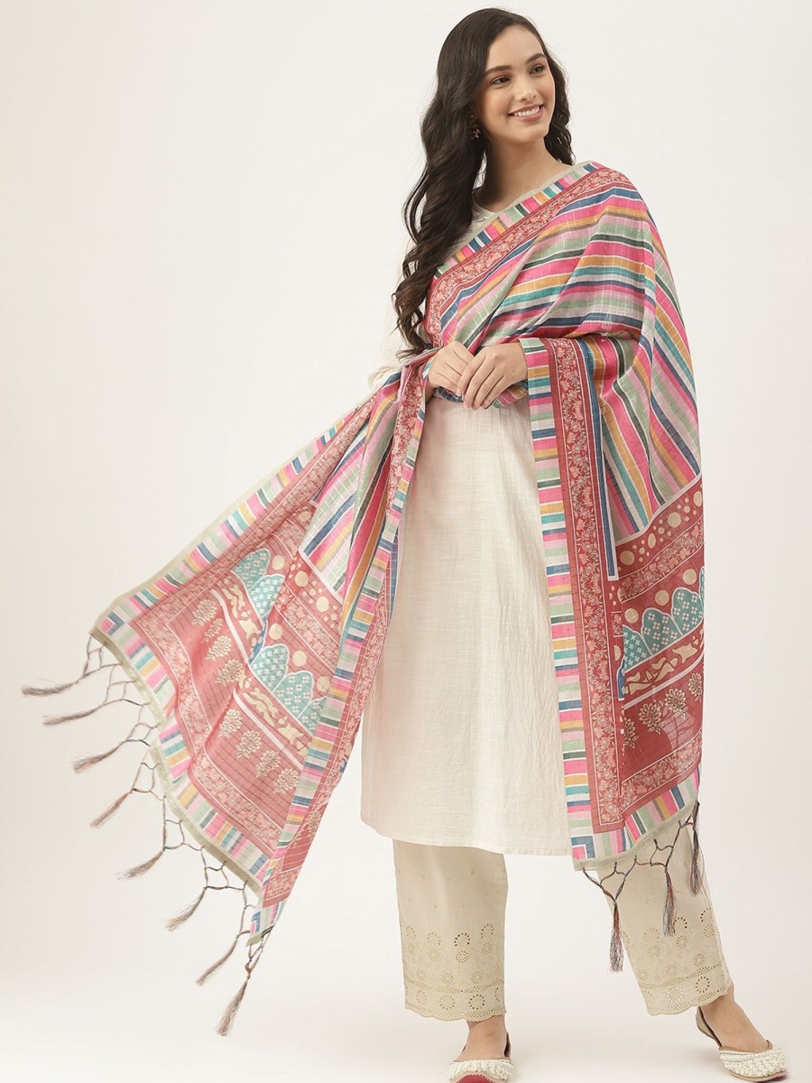 Women VAABA | Women'S Cotton Blend Sequence Checks Printed Dupatta - Vaaba Multi Color