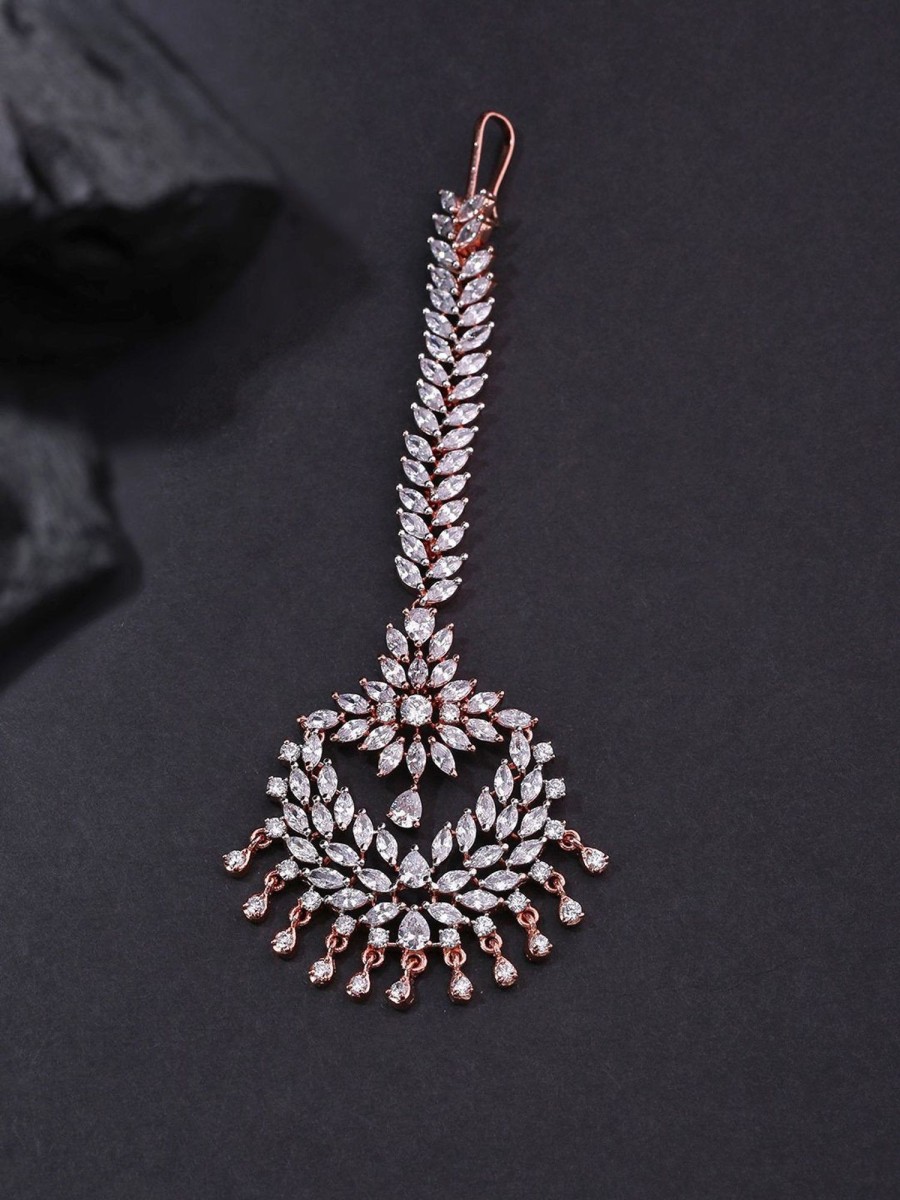 Jewellery Priyaasi | Women'S Rose Gold Plated American Diamond Studded Leaf And Floral Pattern Beautiful Maang Tikka - Priyaasi