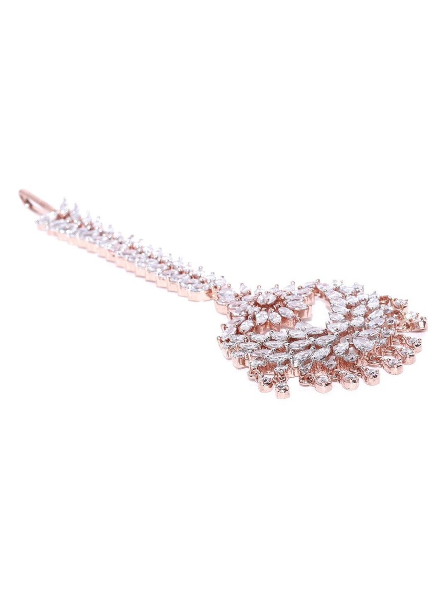 Jewellery Priyaasi | Women'S Rose Gold Plated American Diamond Studded Leaf And Floral Pattern Beautiful Maang Tikka - Priyaasi