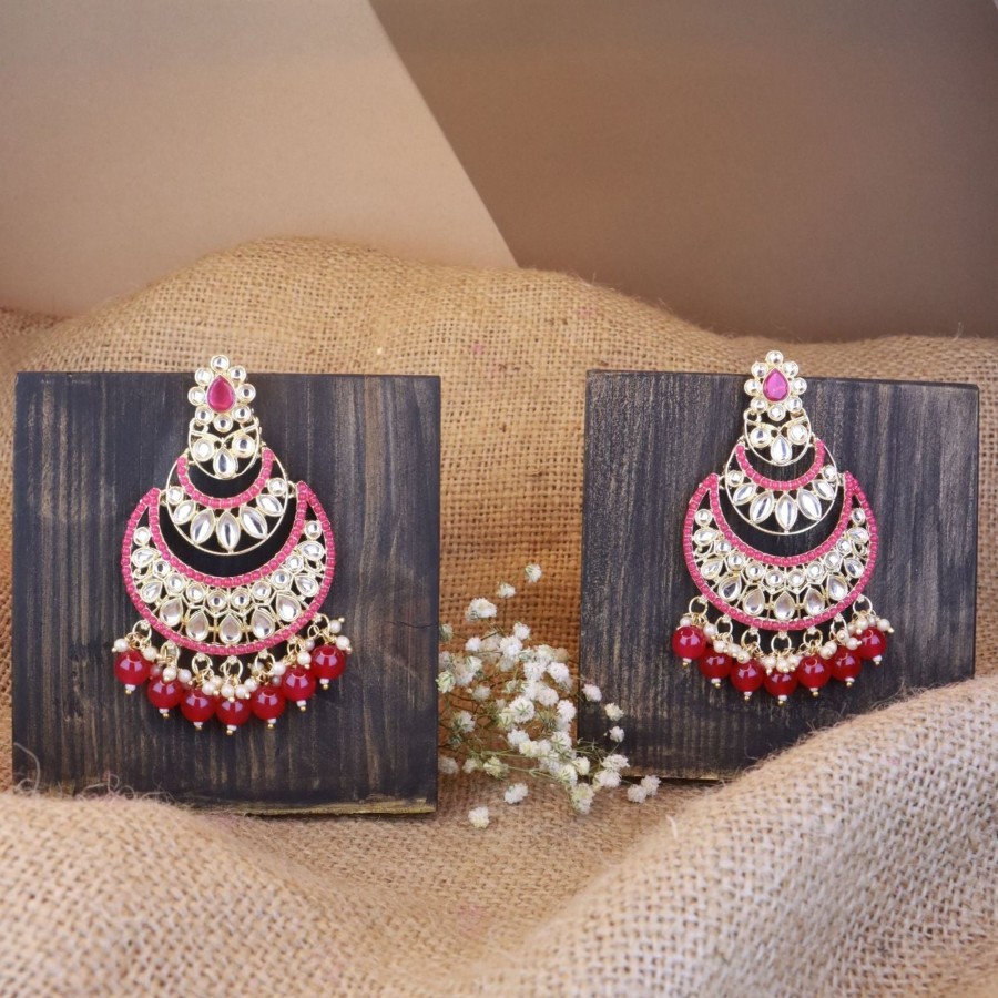 Jewellery I Jewels | Women'S 18K Gold Plated Traditional Handcrafted Pearl Kundan Beaded Chandbali Earrings (E3029Q) - I Jewels Pink