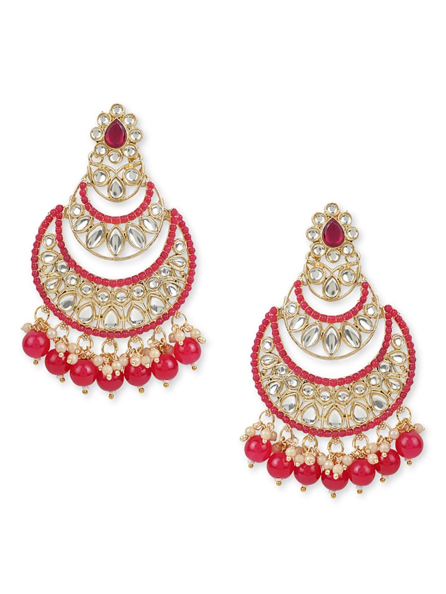 Jewellery I Jewels | Women'S 18K Gold Plated Traditional Handcrafted Pearl Kundan Beaded Chandbali Earrings (E3029Q) - I Jewels Pink