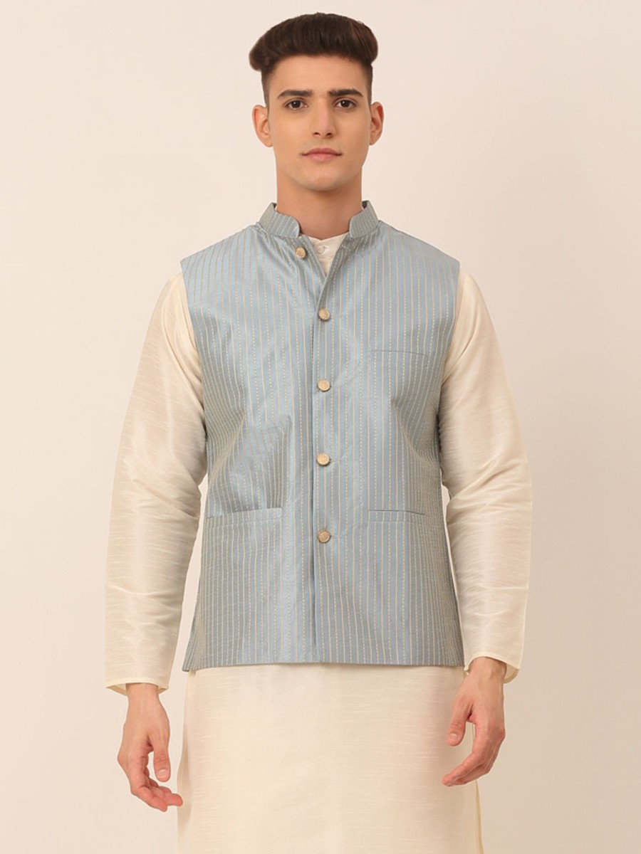 Men Virat Fashions | Men'S Blue U0026 Golden Embroidered Nehru Jackets ( Jowc 4043 Blue ) - Virat Fashions