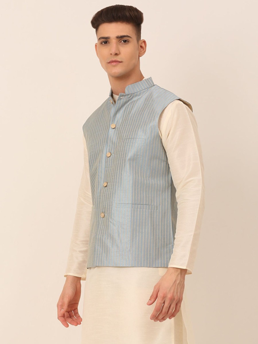 Men Virat Fashions | Men'S Blue U0026 Golden Embroidered Nehru Jackets ( Jowc 4043 Blue ) - Virat Fashions