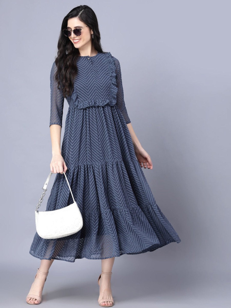 Women Myshka USA | Women'S Georgette Solid 3/4 Sleeve Round Dark Women Dress - Myshka Usa Grey