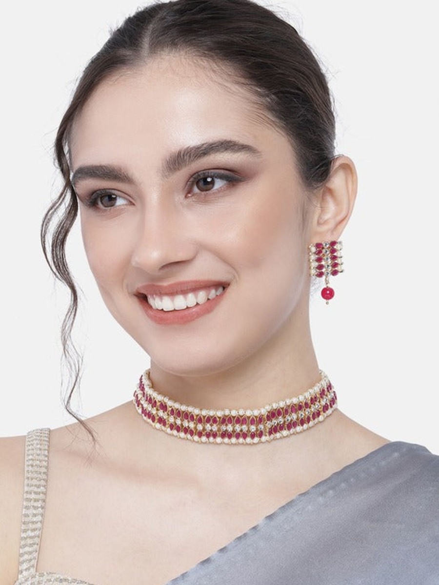 Jewellery I Jewels | Women'S 18K Gold Plated Traditional Peach Pearl U0026 Kundan Studded Choker Necklace Jewellery Set - I Jewels Pink