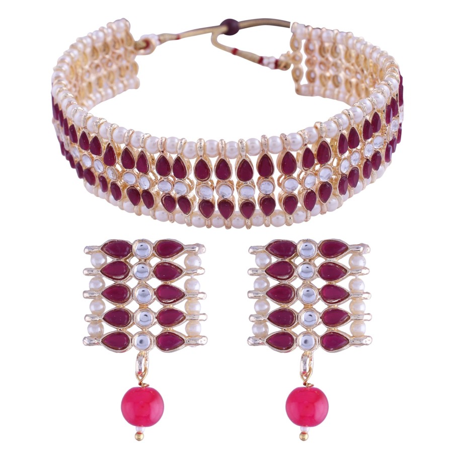 Jewellery I Jewels | Women'S 18K Gold Plated Traditional Peach Pearl U0026 Kundan Studded Choker Necklace Jewellery Set - I Jewels Pink