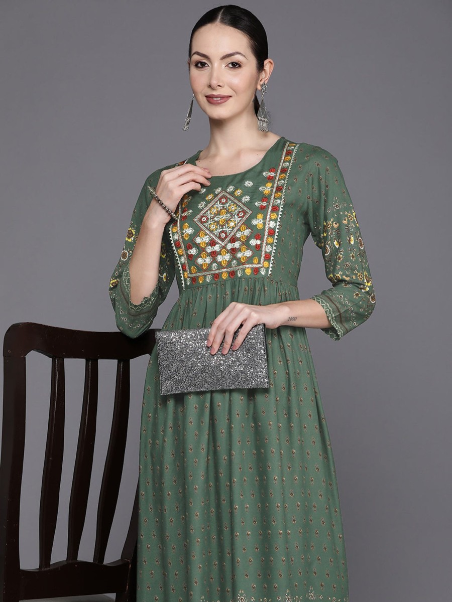 Women Indo Era | Women'S Embroidered A-Line Ethnic Dress - Indo Era Green