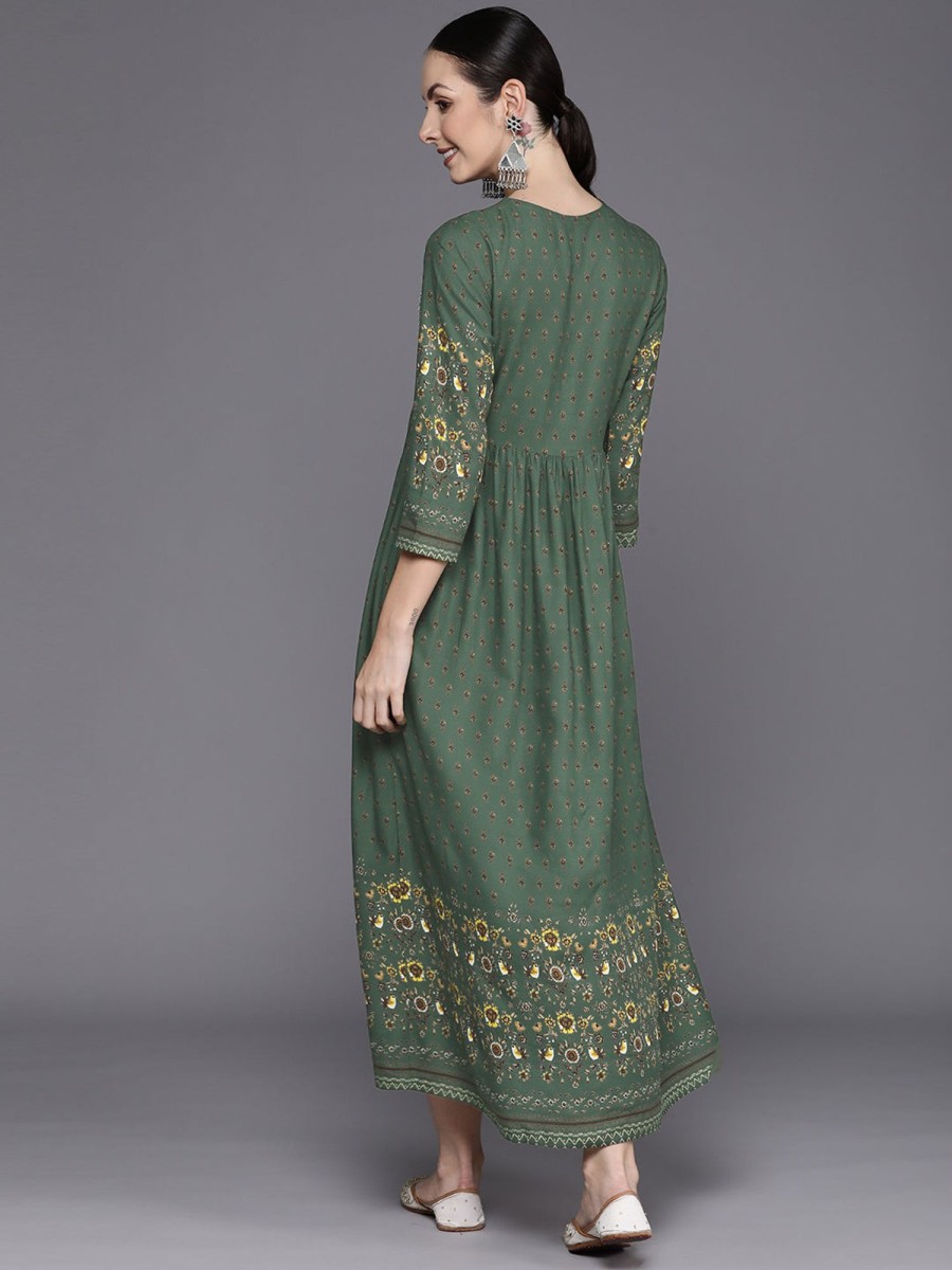 Women Indo Era | Women'S Embroidered A-Line Ethnic Dress - Indo Era Green