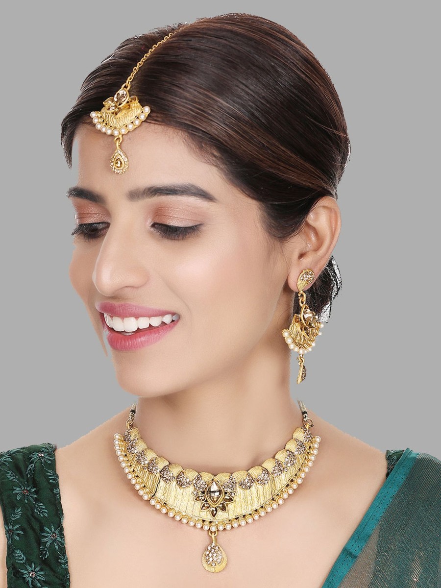 Jewellery Anikas Creation | Designer Gold Plated Traditional Matte Finish Necklace With Earring Maangtika - Anikas Creation Multicolor