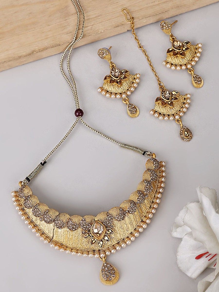 Jewellery Anikas Creation | Designer Gold Plated Traditional Matte Finish Necklace With Earring Maangtika - Anikas Creation Multicolor