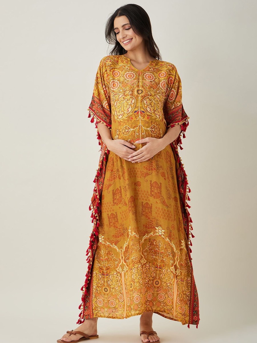 Women The Kaftan Company | Women'S Intricate Floral Printed Maternity Kaftan - The Kaftan Company Mustard