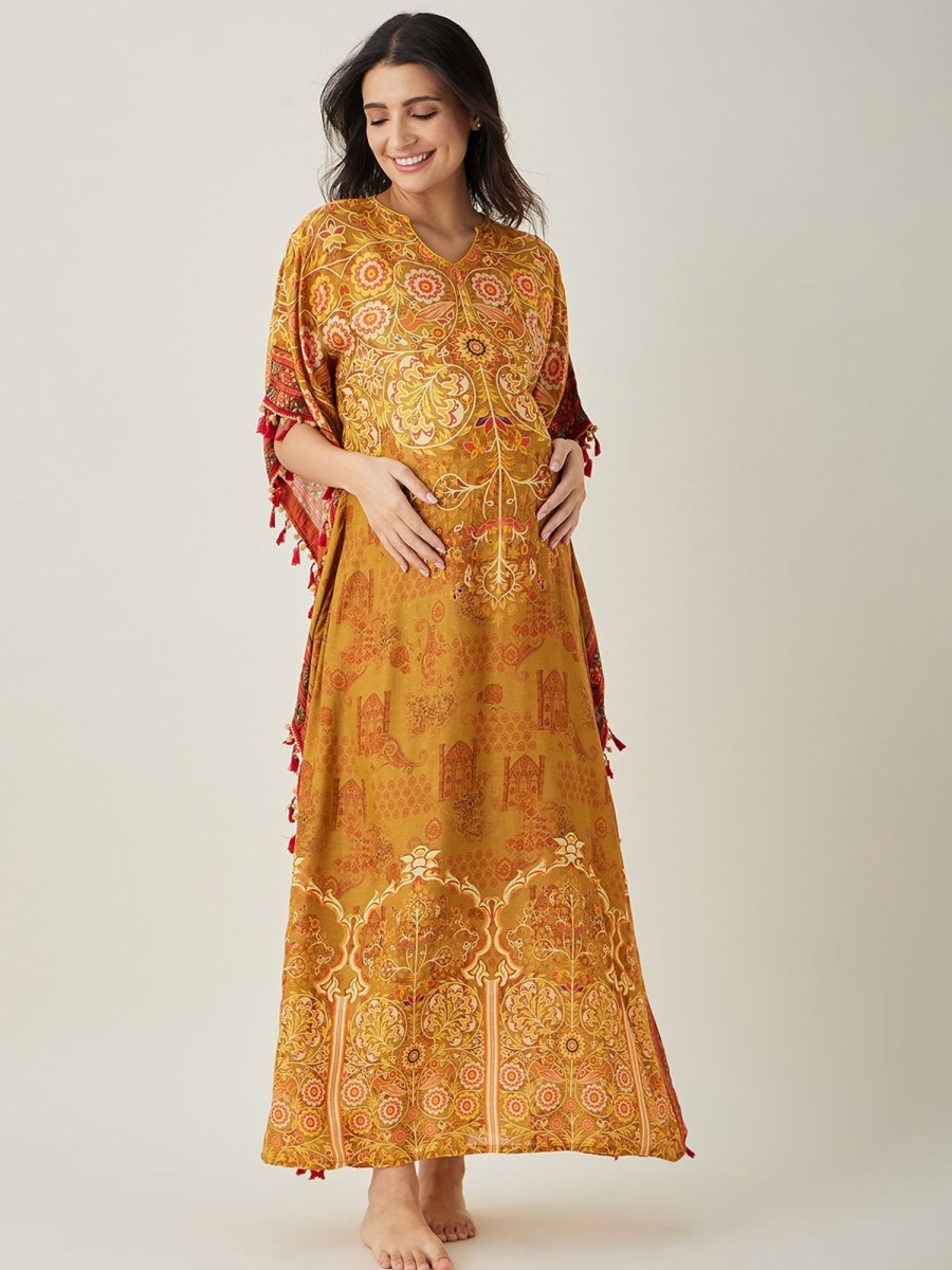 Women The Kaftan Company | Women'S Intricate Floral Printed Maternity Kaftan - The Kaftan Company Mustard