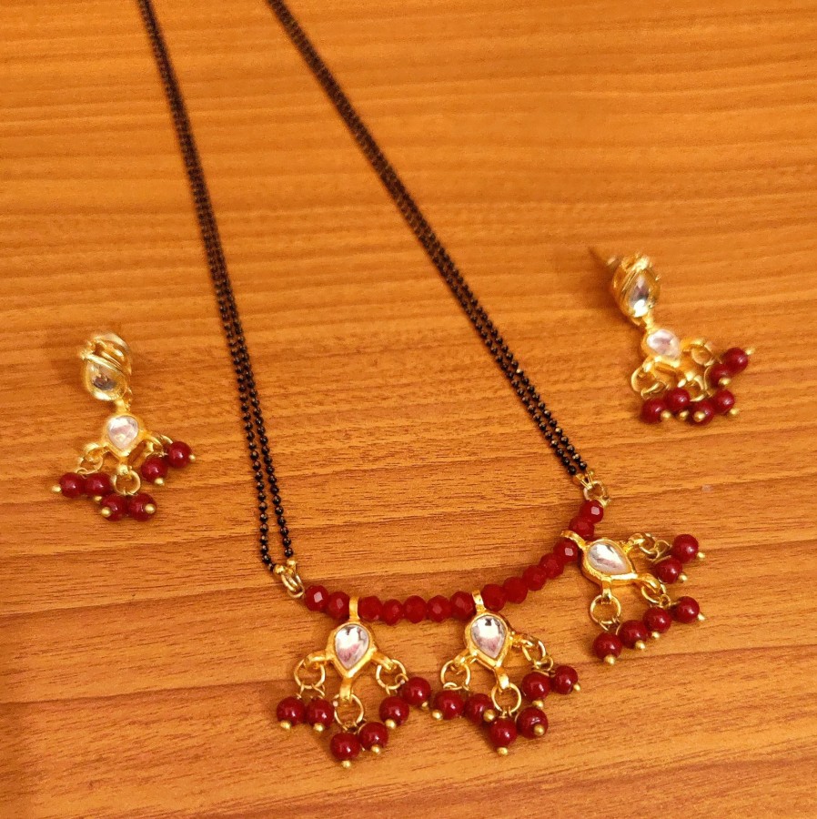 Jewellery Sanvi Jewels | Women'S Red Beaded Kundan Look Mangalsutra - Sanvi Jewels Maroon