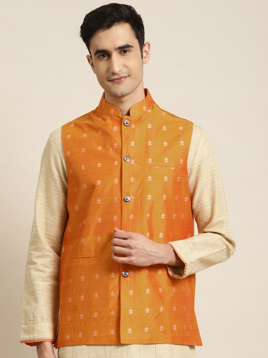 Men Sojanya | Men'S Cotton Self Design Only Nehru Jacket - Sojanya Orange