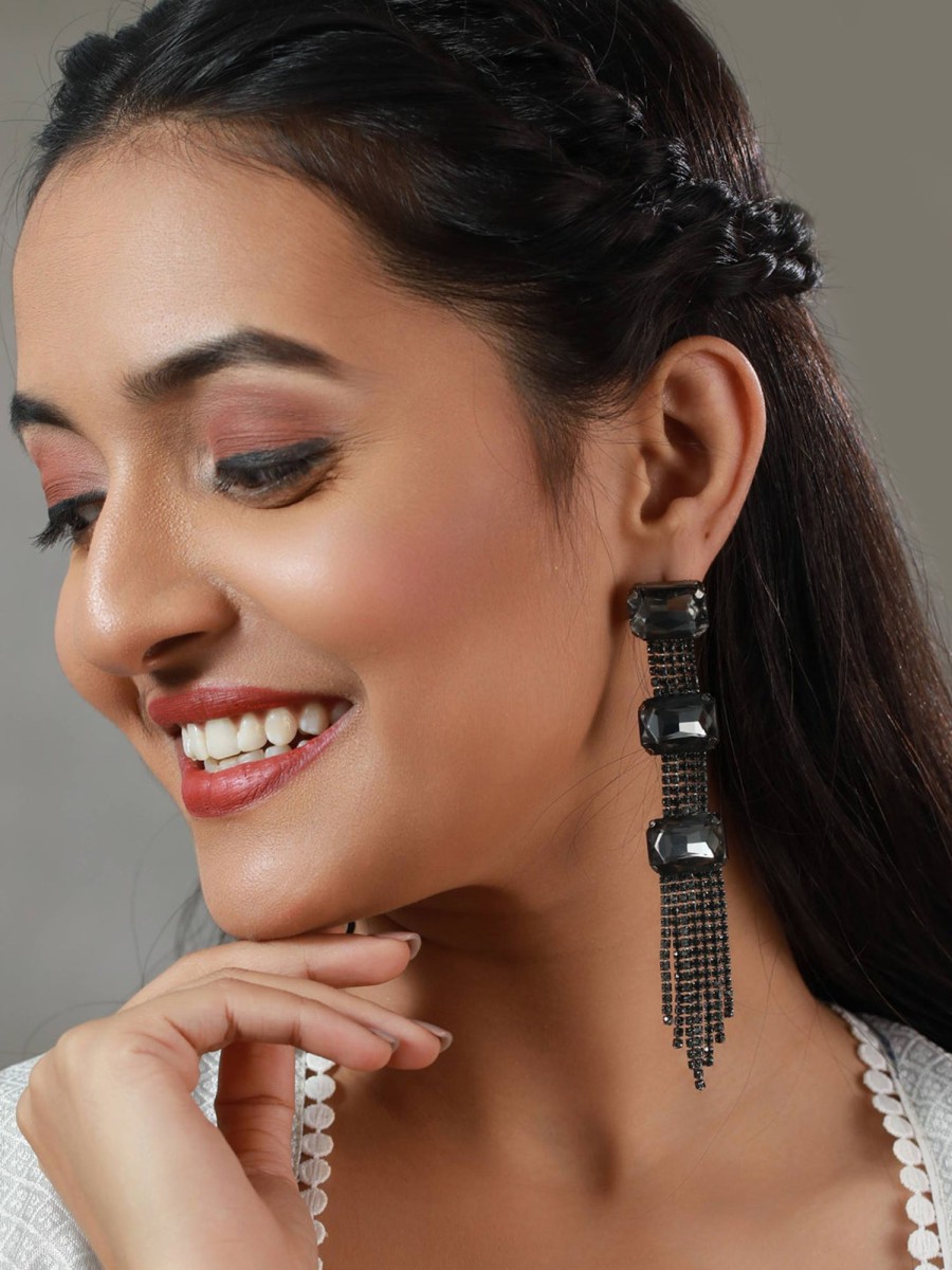 Jewellery Priyaasi | Women'S Black Block Tassel Drop Earrings - Priyaasi