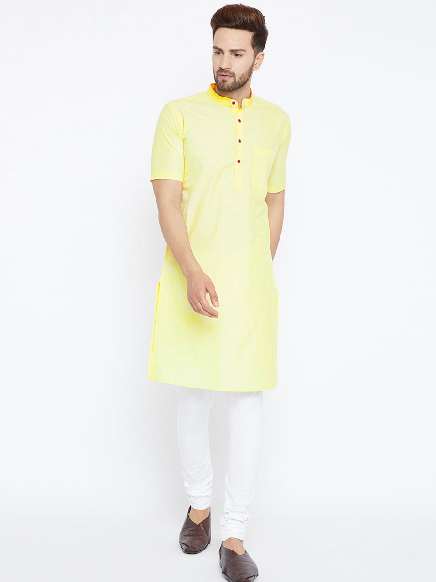 Men Even Apparels | Men'S Pure Cotton Kurta With Band Collar - Even Apparels Yellow