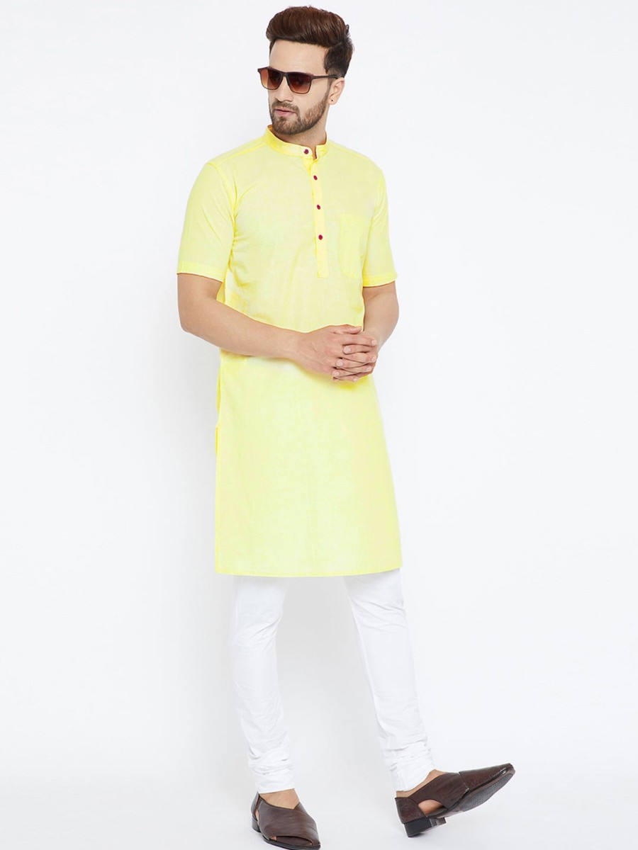 Men Even Apparels | Men'S Pure Cotton Kurta With Band Collar - Even Apparels Yellow