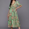 Women Ahalyaa | Women'S Floral Print Puff Sleeve Crepe A-Line Midi Dress - Ahalyaa Green