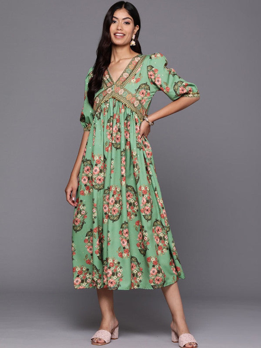 Women Ahalyaa | Women'S Floral Print Puff Sleeve Crepe A-Line Midi Dress - Ahalyaa Green