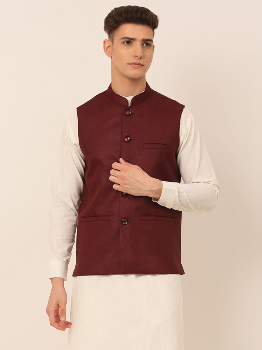 Men Virat Fashions | Men'S Maroon Solid Woven Sleeveless Nehru Jackets ( Jowc 4046 Maroon ) - Virat Fashions