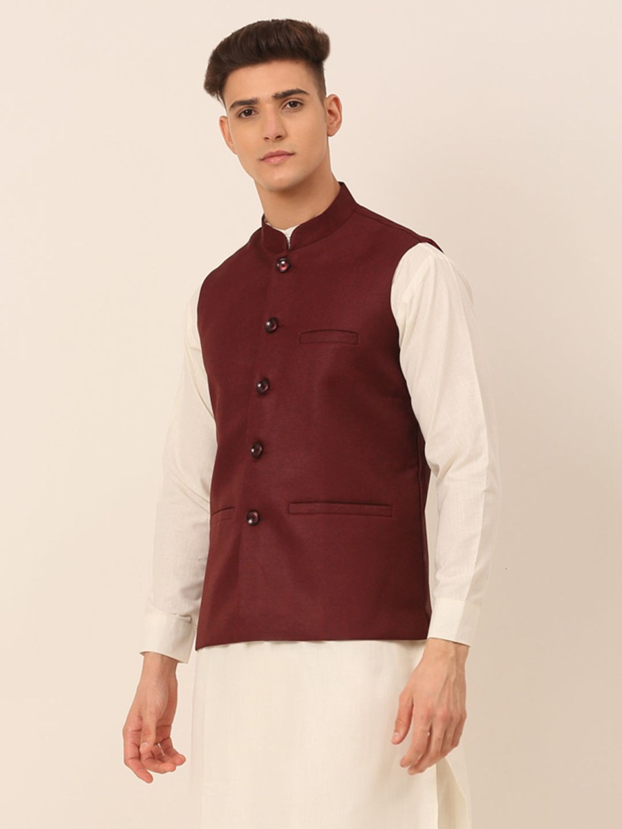 Men Virat Fashions | Men'S Maroon Solid Woven Sleeveless Nehru Jackets ( Jowc 4046 Maroon ) - Virat Fashions