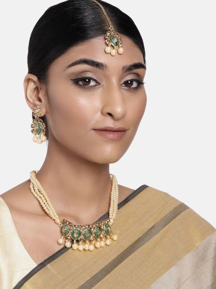 Jewellery I Jewels | Women'S 18K Gold Plated Meenakari Choker Set Glided With Pearls - I Jewels Green