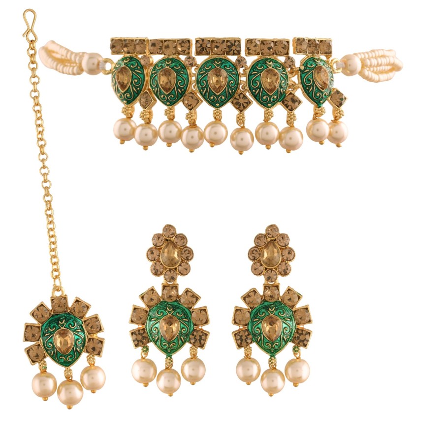 Jewellery I Jewels | Women'S 18K Gold Plated Meenakari Choker Set Glided With Pearls - I Jewels Green