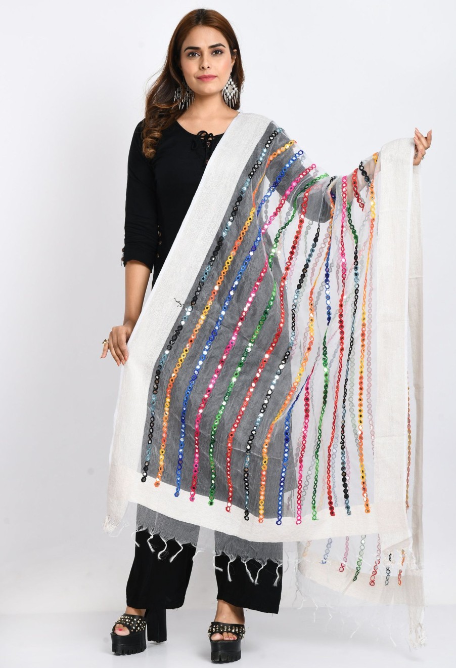 Women Moeza | Women'S Orgenza Multi Thread Mirror Work Dupatta - Moeza White