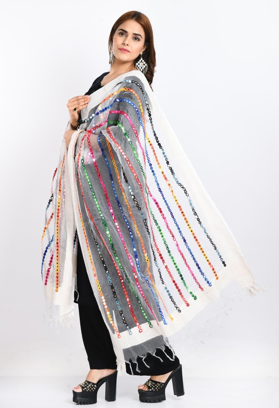 Women Moeza | Women'S Orgenza Multi Thread Mirror Work Dupatta - Moeza White