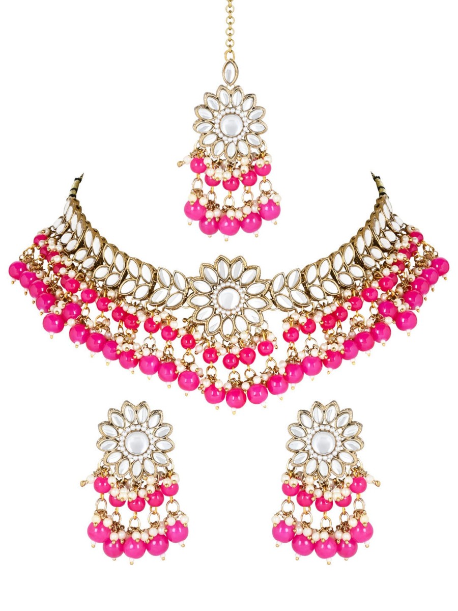 Jewellery I Jewels | Women'S 18K Gold Plated Traditional Kundan Studded Pearl Hanging Choker Necklace Jewellery Set With Earrings U0026 Maang Tikka - I Jewels Pink