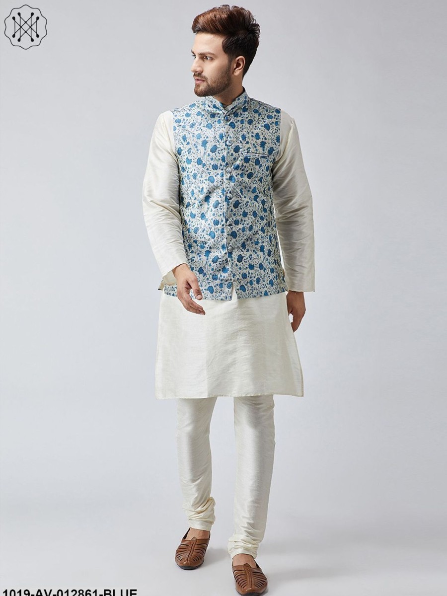 Men Sojanya | Men'S Blue Printed Nehru Jacket - Sojanya