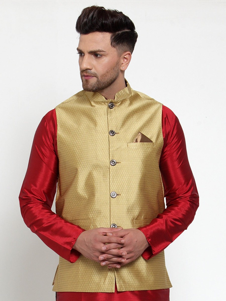 Men Virat Fashions | Men'S Gold Woven Jacquard Nehru Jacket ( Jowc 4017Golden ) - Virat Fashions