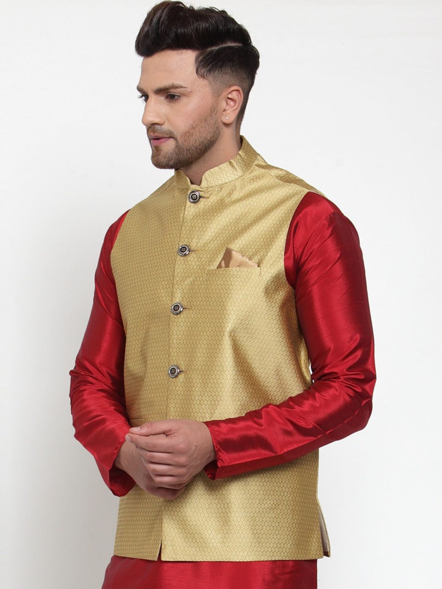 Men Virat Fashions | Men'S Gold Woven Jacquard Nehru Jacket ( Jowc 4017Golden ) - Virat Fashions