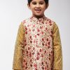 Men Sojanya KID | Kid'S Silk Blend Red Printed Only Nehru Jacket - Sojanya Kid Red & Beige