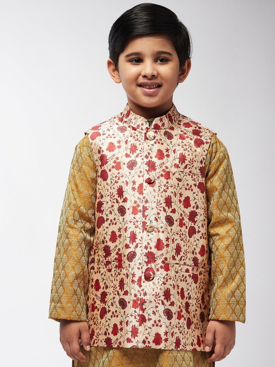 Men Sojanya KID | Kid'S Silk Blend Red Printed Only Nehru Jacket - Sojanya Kid Red & Beige