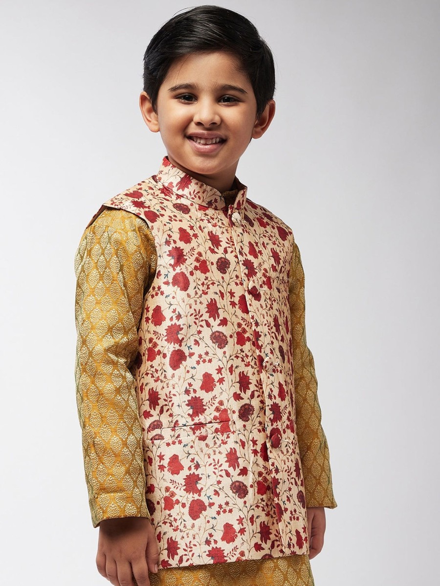 Men Sojanya KID | Kid'S Silk Blend Red Printed Only Nehru Jacket - Sojanya Kid Red & Beige