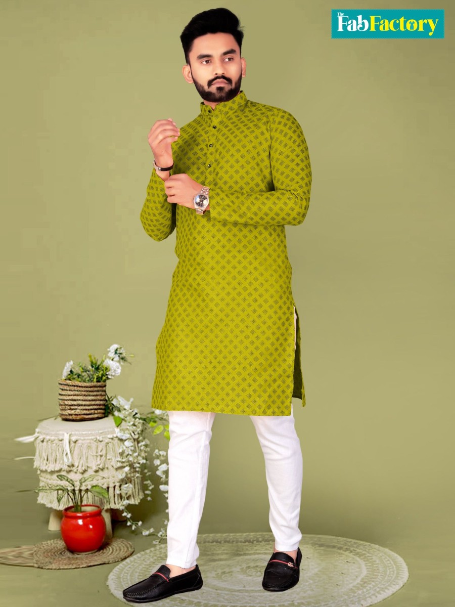 Men The Fab Factory Men | Men'S Pista Cotton Blend Straight Kurtas - The Fab Factory Men Green