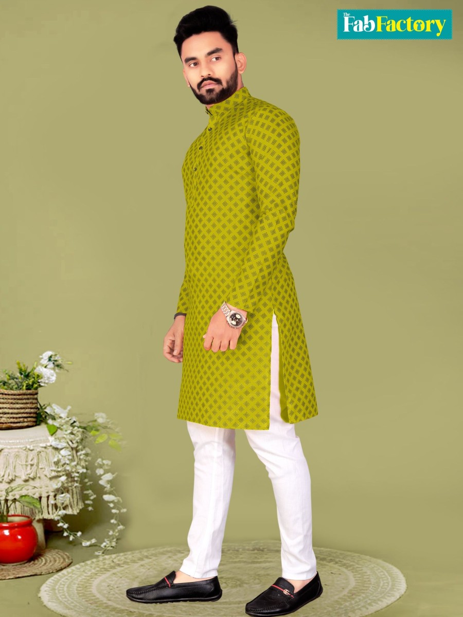 Men The Fab Factory Men | Men'S Pista Cotton Blend Straight Kurtas - The Fab Factory Men Green